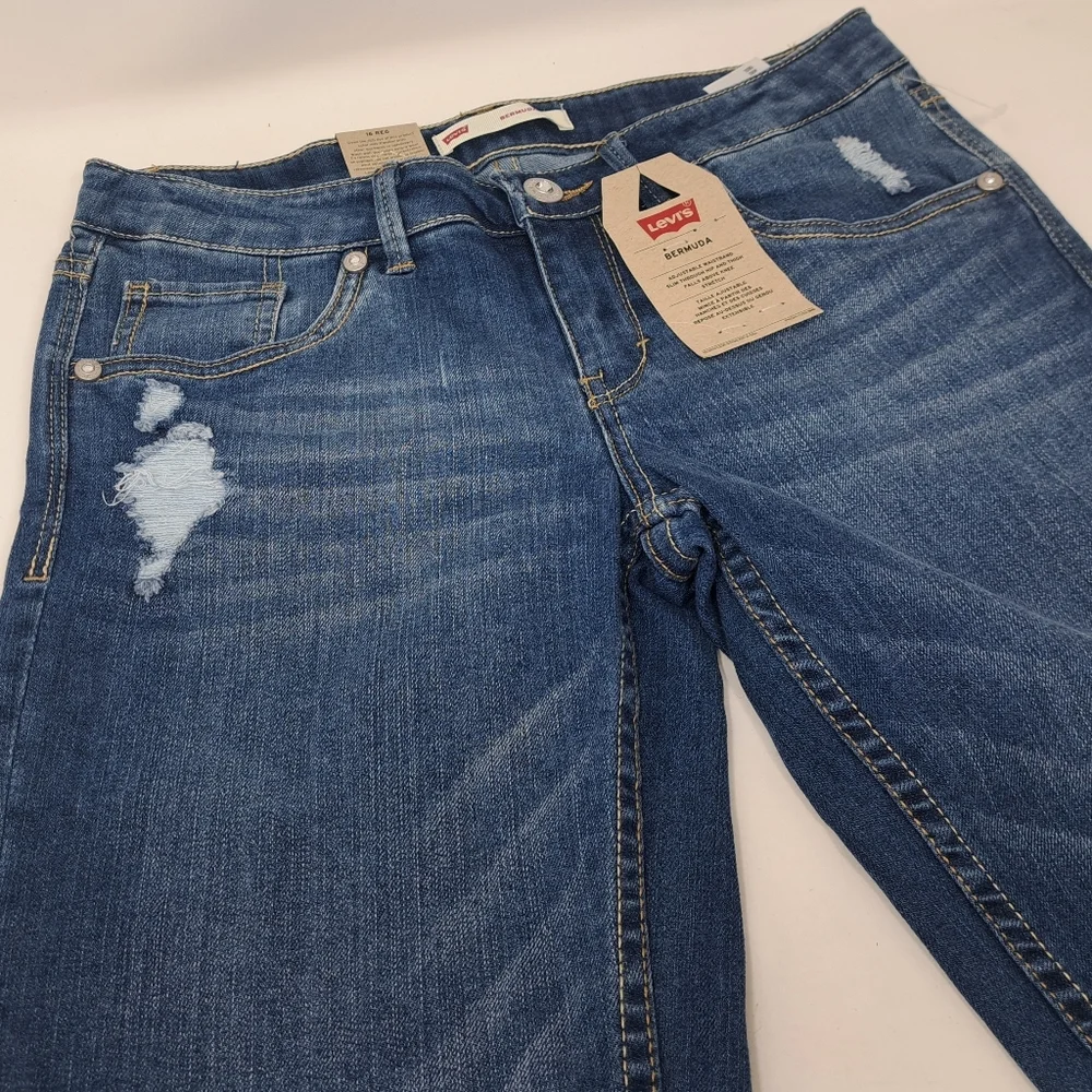 NWT Levi's Girls Bermuda Denim Shorts Diamond Buttons  Distress Stretch Cuff 16R - Picture 2 of 8